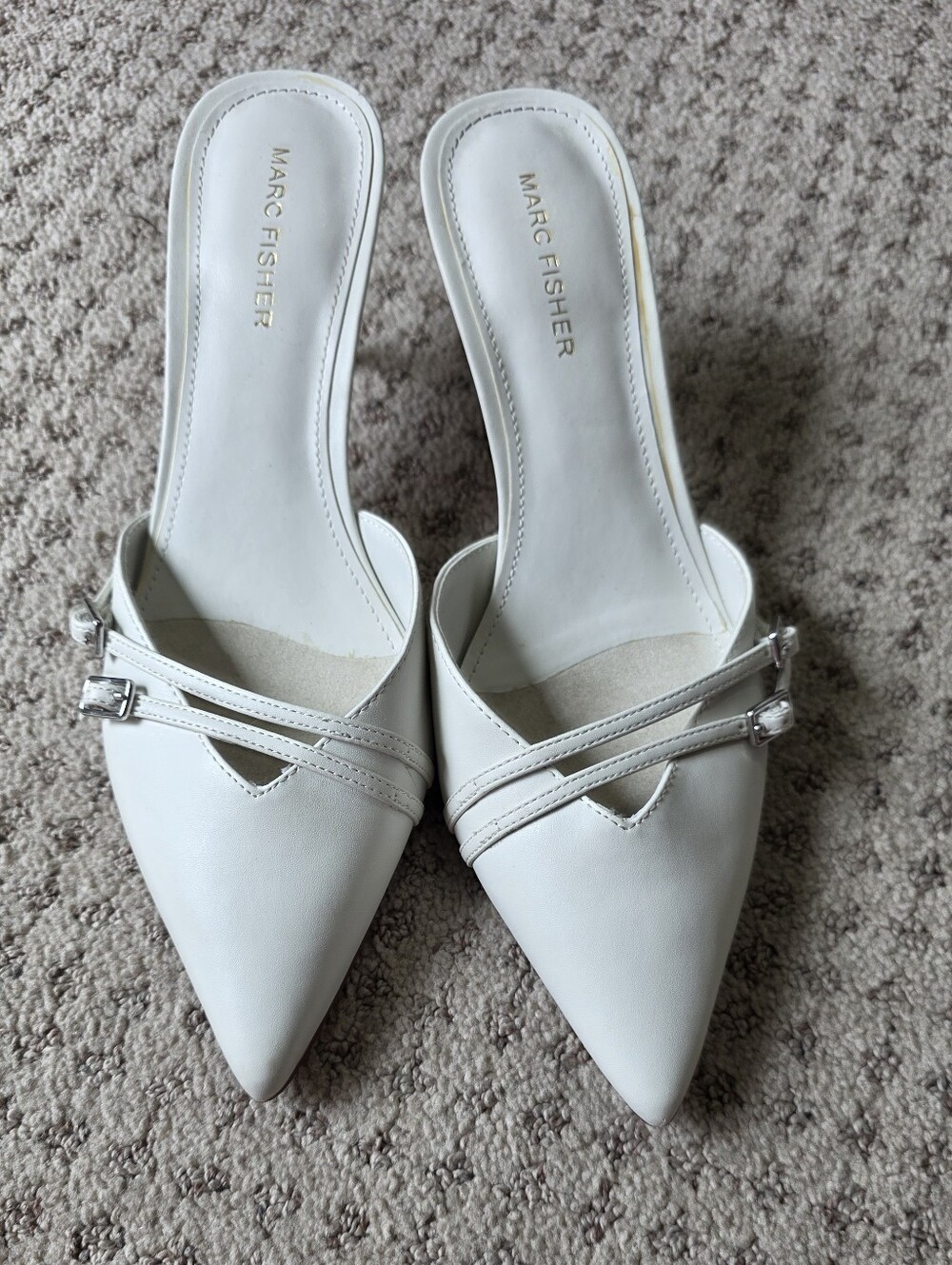 Marc Fisher White Pointed Leather Mules with Straps